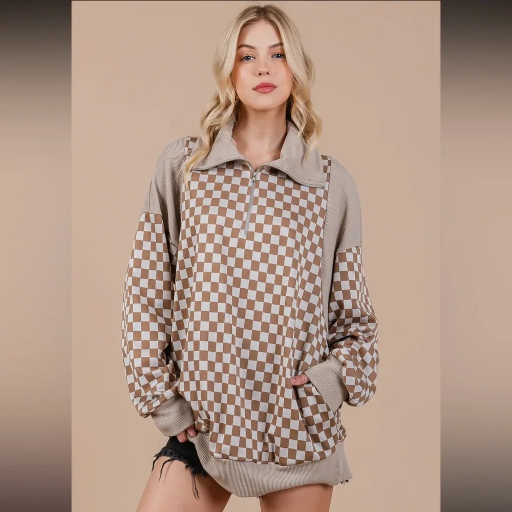 ShopEvelynne Checkered Brown and Cream Sweatshirt - Picture 2 of 4